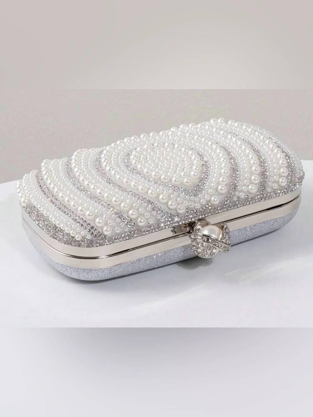 Pearl & Crystal Embellished Clutch - Silver